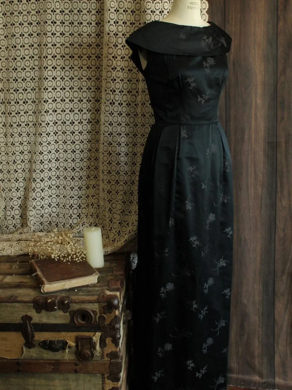 Vintage 1960s Dress, Black Satin Brocade Gown, Portrait Neckline Wiggle Style - Picture 5 of 13